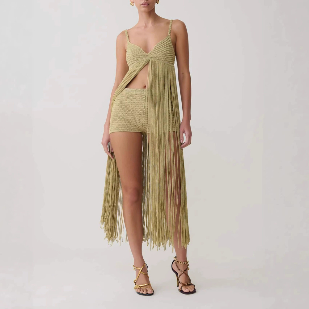 Forever 21 Elegant Summer Camisole Fringe Knit Shorts 2-Piece Set